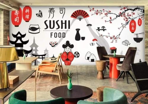 Gourmet Sushi Cartoon Mädchen Pflaumenblüte Architektur 3D Tapete Poster Restaurant Schlafzimmer Wohnzimmer Sofa TV Dekorative Wand-250cm×170cm