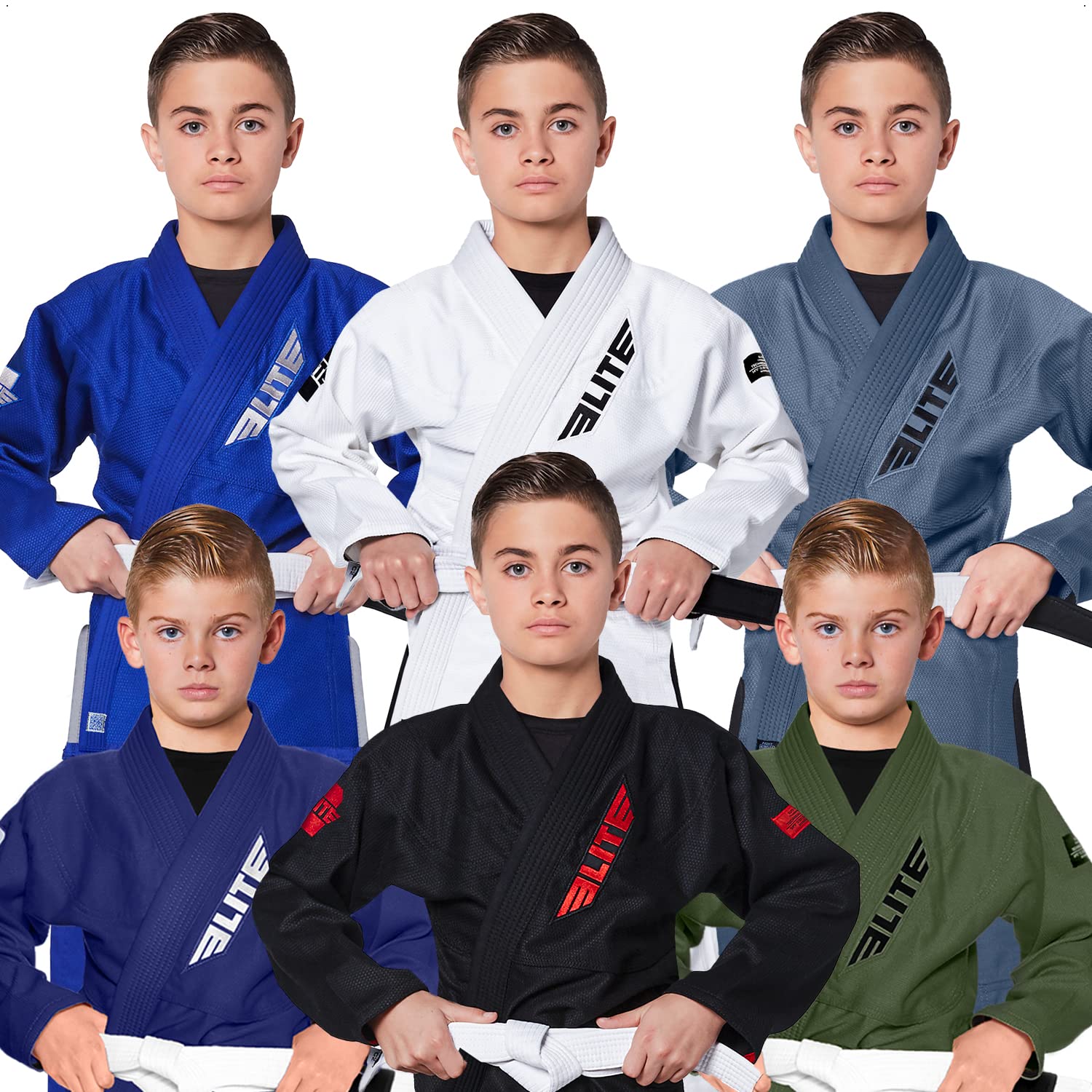 Elite Sports Kids BJJ GI, Youth IBJJF Kinder brasilianischer Jiujitsu Gi Kimono W/sanforisierter Stoff & Gratis Gürtel (Premium Military Green, C0)