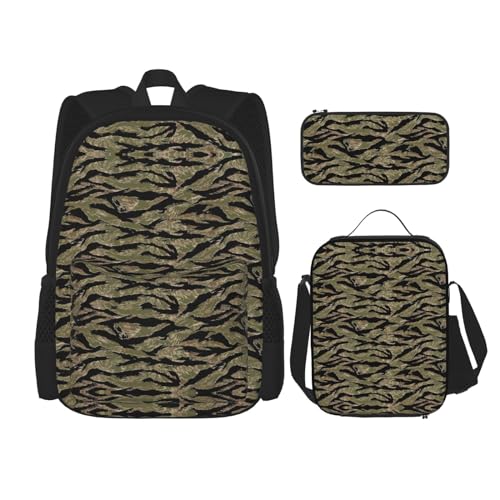 WURTON Tiger Stripe Camo Print 3-in-1 Sets Casual Verstellbarer Schulter-Rucksack Mittagessen Tasche Federmäppchen Tasche Box, Schwarz, Einheitsgröße