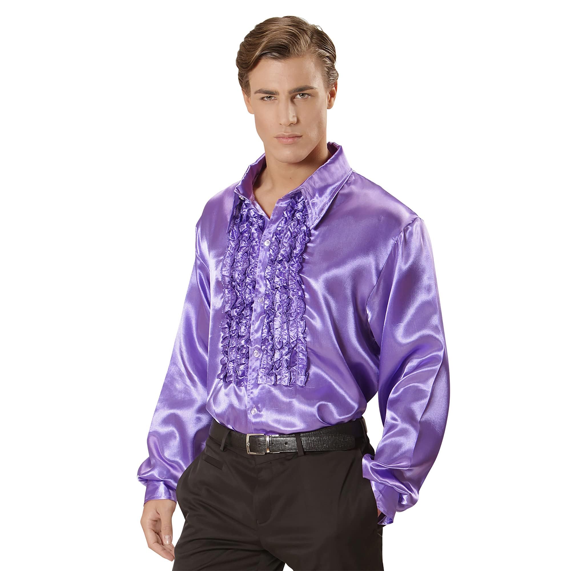 Widmann - 70er Jahre Disco Fashion, Bluse mit Rüschen aus Satin, Disco Hemd, Karneval, Mottoparty