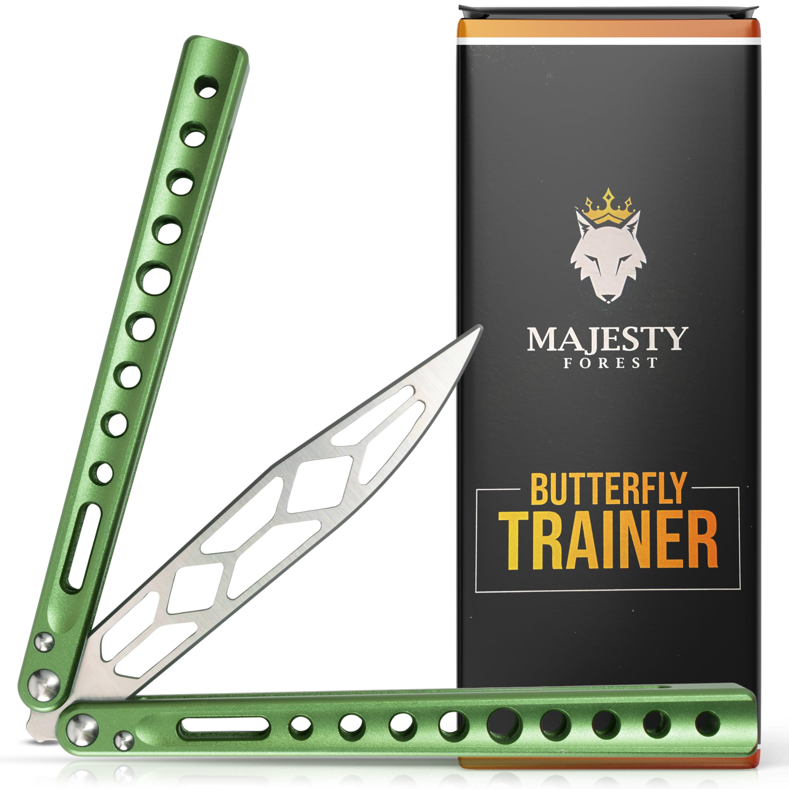 MAJESTY FOREST® Profi Butterfly Trainer (Grün) - Made with CNC aus Aluminium - Legales Balisong Messer mit stumpfer Klinge als Trainingsmesser - Inkl. Zubehör