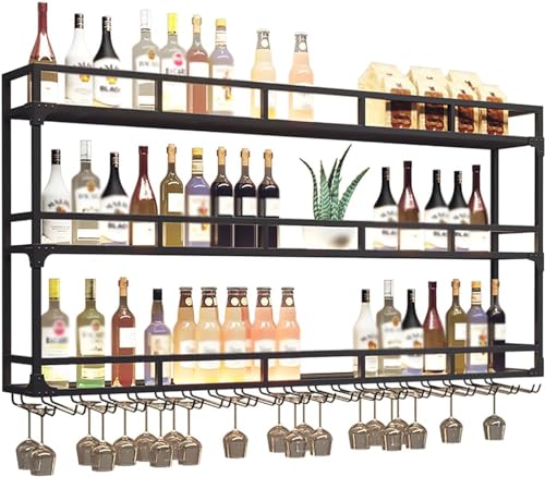 BFVAKBKYT Hängende industrielle runde Weinregale, 3-stufiges, an der Wand montiertes Weinregal mit LED-Leuchten, multifunktionales Lagerregal for das Wohnen in Restaurants und Bars(Gold,150x25x90cm)