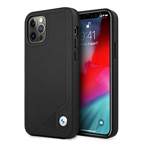 CG MOBILE BMW Handyhülle für iPhone 12/12 Pro in Schwarz mit eingestanzten Mustern, echtes Leder, Bequeme & schützende Hülle mit einfachem Snap-on, Stoßdämpfung & Signatur-Logo