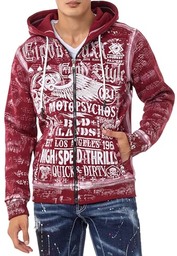 Cipo & Baxx Herren Sweatjacke Hoodie Alloverprint Kapuze Sweater Pullover Jacke Reißverschluss CL544 Burgundy S