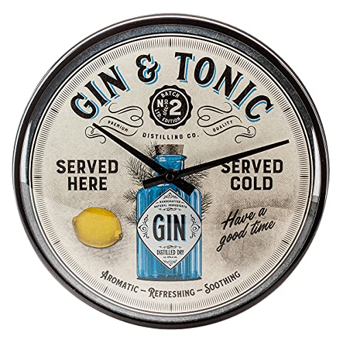 Nostalgic-Art, Retro Wanduhr, Gin & Tonic Served Here – Geschenk-Idee für Cocktail-Fans, Große Küchenuhr, Vintage-Design zur Dekoration, Ø 31 cm