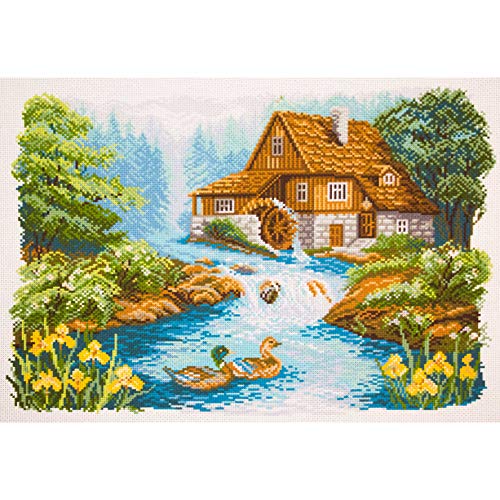 Collection D'Art Wassermühle Bedrucktes Aida für Kreuzstickerei, Baumwolle, Mehrfarbig, 29x40cm