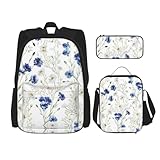 WURTON Wilde Blumen und Kornblumen Gänseblümchen Druck trendige Rucksacktaschen Lunchbox und Federmäppchen 3 in 1 verstellbares Rucksack-Set, Schwarz, Einheitsgröße, Schwarz , Einheitsgröße