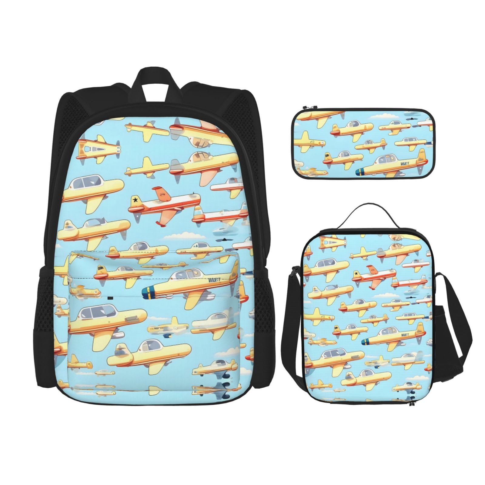 WURTON Viele Cartoon kleine Flugzeuge Druck Lunchbox Federmäppchen Rucksack Set 3 Stück verstellbare Träger langlebig leicht, Schwarz, One Size