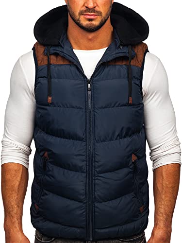 BOLF Herren Weste mit Kapuze Steppweste Bodywarmer Kapuzenweste Daunenweste Reißverschluss Weste Ärmellose Sportweste Zip Wärme Freizeit Outdoor Style B5382 Dunkelblau M [1U1]