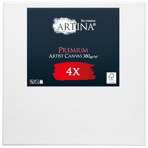 Keilrahmen Leinwand zum Bemalen 40x40 cm – Artina Premium 4er Set FSC® Leinwand Keilrahmen Leinwände für Acrylfarben Canvas 100% Baumwolle – bespannte Keilrahmen Set Leinwände zum malen Leinwand Weiß