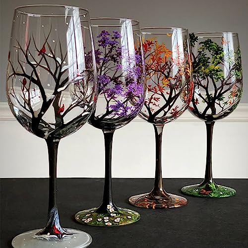 Vier Jahreszeiten Baum Weingläser – handgemalte Kunst, Frühling Sommer Herbst Winter bemalte Weingläser, saisonale Baum Kunst Design farbige Gläser (Stielglas, 4 STÜCK)