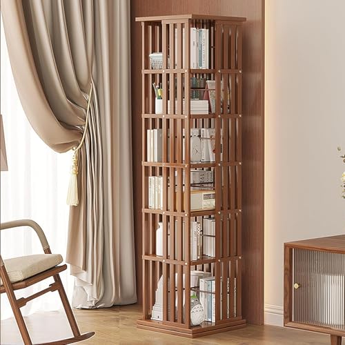 Bambus-Bücherregal, um 360° drehbares Bücherregal, Boden-Bücherregal, offenes Design, drehbares Bücherregal-Aufbewahrungsregal, für Home-Office-Dekor, braune Farbe, 6 Etagen