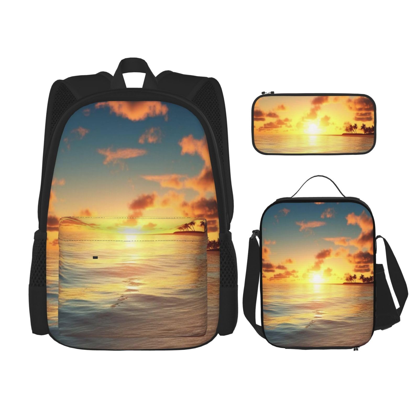 DENMER Mehrzweck-Schulranzen mit passendem Federmäppchen und Lunchtasche, Set - Ihre stilvolle All-in-One-Lösung, Strand Sunrise, Einheitsgröße