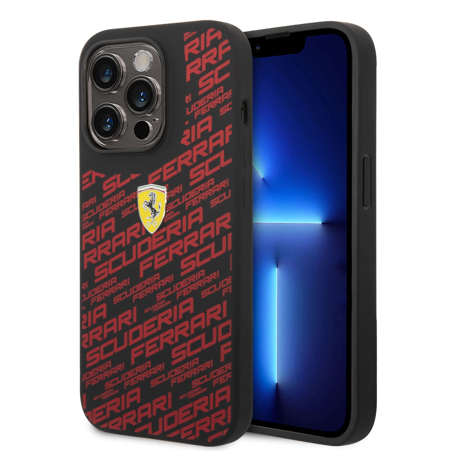 Ferrari Handyhülle für iPhone 14 Pro in Schwarz bedruckt Scuderia, Flüssigsilikon, glatte & kratzfeste Schutzhülle mit einfachem Snap-on, Stoßdämpfung & Signatur-Logo