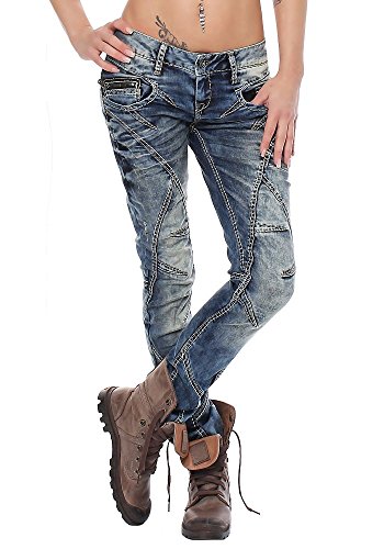 Cipo & Baxx Damen Jeans Hose Denim Freizeit Tiefer Bund Straight Fit Pants Blau W28 L30