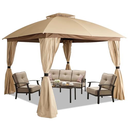 Sekey Garten Pavillon 3.3 x3.3m Wasserdicht Stabil Winterfest mit 4 Seitenteile, Kurvenkopf Doppeldach, Partyzelt Gartenzelt für Festival, Events, Partys, Picknick, Khaki