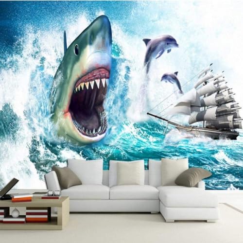 Haie Delfine Segeln 3D Tapete Poster Restaurant Schlafzimmer Wohnzimmer Sofa TV Dekorative Wand-400cm×280cm