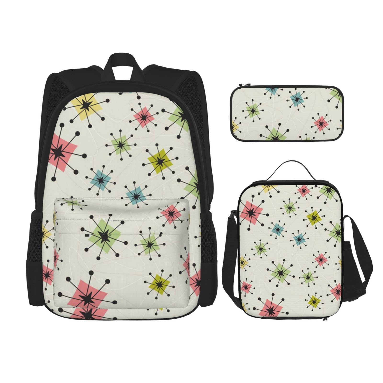 DENMER Mehrzweck-Schulranzen mit passendem Federmäppchen und Lunchtasche, rotgoldener Glitzer, Ihre stilvolle All-in-One-Lösung, Atomic Stars Retro Muster, Einheitsgröße