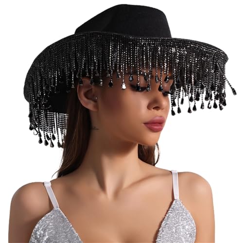 Meiliyizu Westernhut für Damen, Cosplay, Rollkrempe, Hut, Fransen, Strass, Hut, Junggesellinnenabschied, Kopfbedeckung, Zubehör