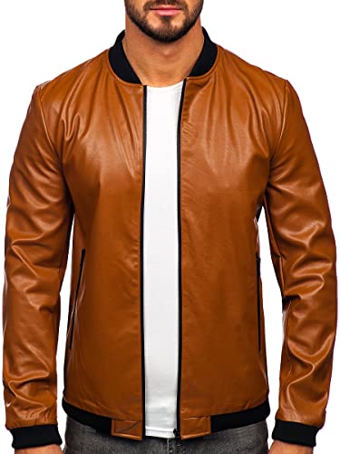 BOLF Herren Lederjacke Kunstlederjacke Bikerjacke Übergangsjacke Steppjacke Kapuze Motorradjacke Pilotenjacke Fliegerjacke Bomberjacke Stehkragen Casual Style 6803A Braun XL [4D4]