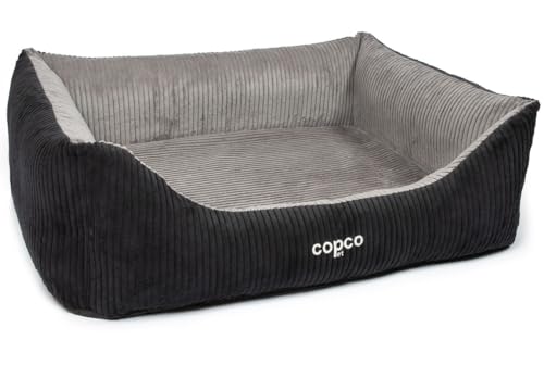 CopcoPet – Hundebett Kyra in Cord Stoff M 80x60cm Schwarz/Grau – Hundekissen Schaumstoff mit abnehmbarem & waschbarem Bezug – Bequemer Hundekorb mit erhöhten Rändern & Rutschfester Unterseite