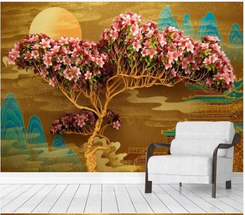 Berge Mond Rosa Blumen Bäume 3D Tapete Poster Restaurant Schlafzimmer Wohnzimmer Sofa TV Dekorative Wand-200cm×140cm