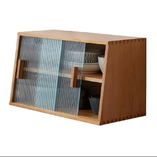 GNBOW Arbeitsplattenschrank for Wohnzimmer, Küchenarbeitsplatten-Organizer, Esszimmer-Sideboard Mit Gestreiften Glastüren, Vitrine Zur Aufbewahrung Von Wasserbechern(Natural,80 * 35 * 30cm)