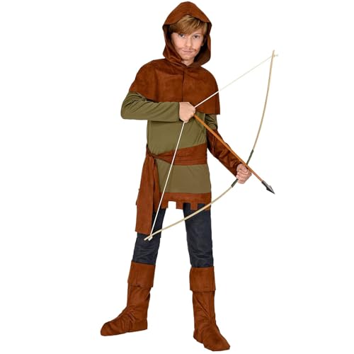 Widmann - Kinderkostüm Robin of Sherwood, Oberteil, Armschoner, Schulterumhang mit Kapuze, Gürtel, Stiefelüberzieher, Mittelalter, Karneval, Mottoparty