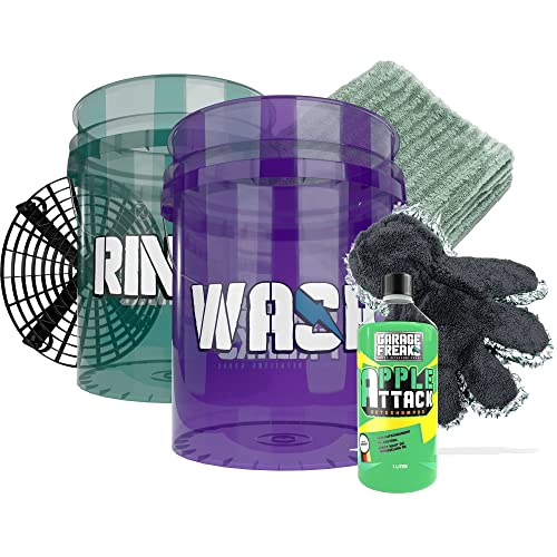 Autowäsche Premium Set - Garage Freaks Wascheimer "Wash" & "Rinse" 5 GAL mit GritGuard + Autoshampoo Apple Attack 1L + 5 Finger Waschhandschuh + Trockentuch 1300GSM - Car Shampoo für Handwäsche