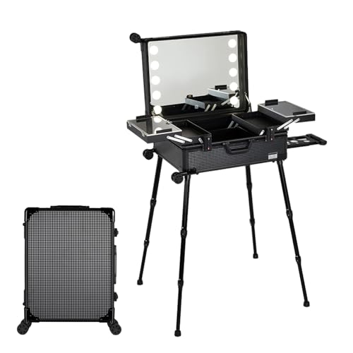 Aluminium-Trolley, Make-up-Zugkoffer mit LED-Licht, professioneller Kosmetik-Make-up-Organizer, Studio mit Ständer, rollendes, beleuchtetes Make-up (Black Plaid 52x40x22.5cm)