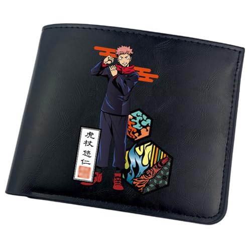 RYNDEX Jujut-su Kais-en Anime-Geldbörsen, Zweifach Gefalteter Geldbörse Klein, PU-Leder Geldbörse Brieftasche Wallet(Color:Black 1)