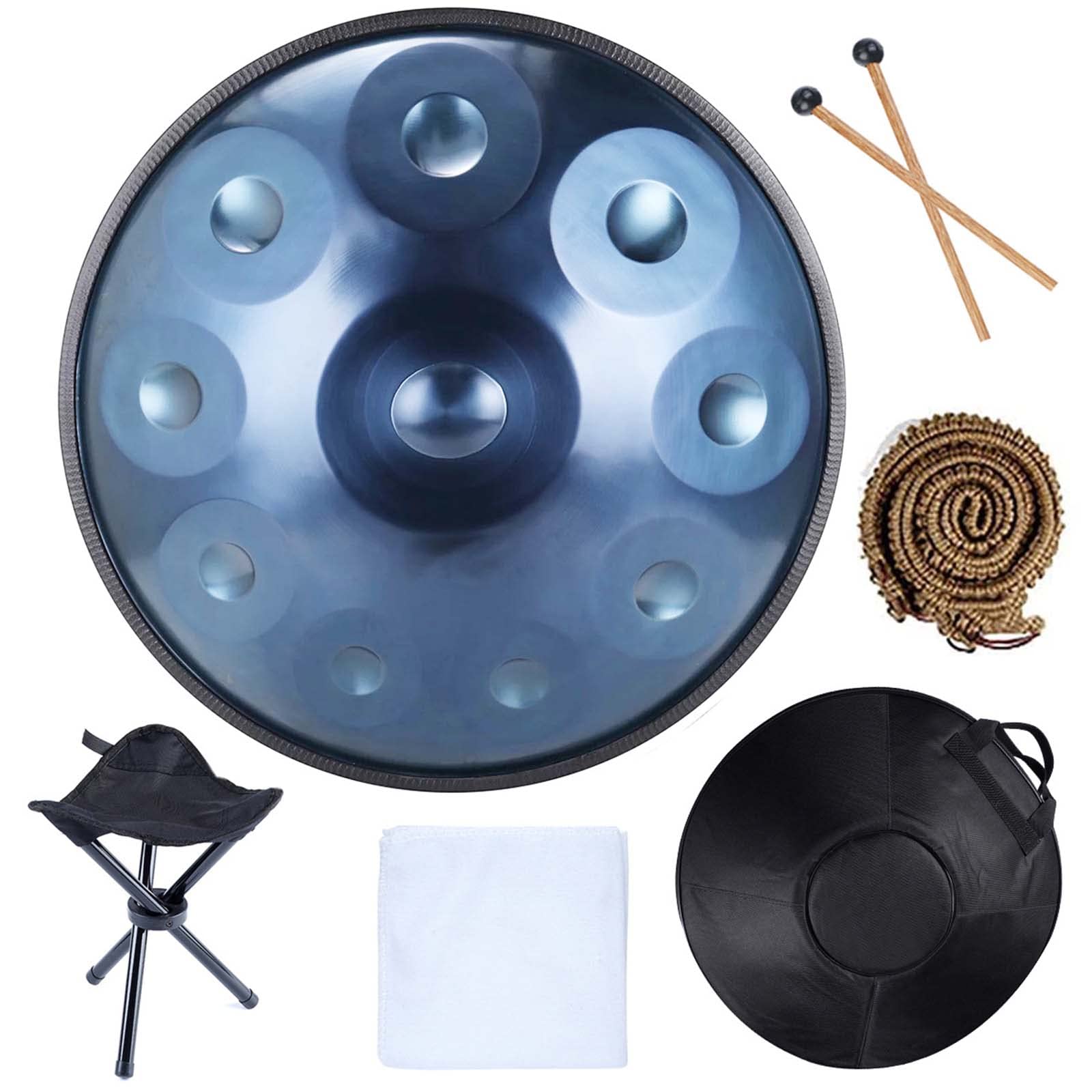 22-Zoll-Handpan-Trommel, D-Moll 9/10/12 Hinweis Handtrommel Aus Stahl, mit Weicher Handpan-Tasche, 2 HandpanschläGel, Handpan-StäNder, Kann mit Drumstick Gespielt Werden,Blue 10 tones,22in