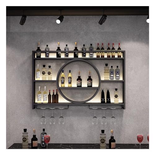 Hängende industrielle runde Weinregale, An der Wand montiertes Weinregal mit LED-Licht, modernes Weinregal aus Metall, Weinglashalter for die Dekoration von Zuhause, Küche, Bar, Restaurant(Black,120x1