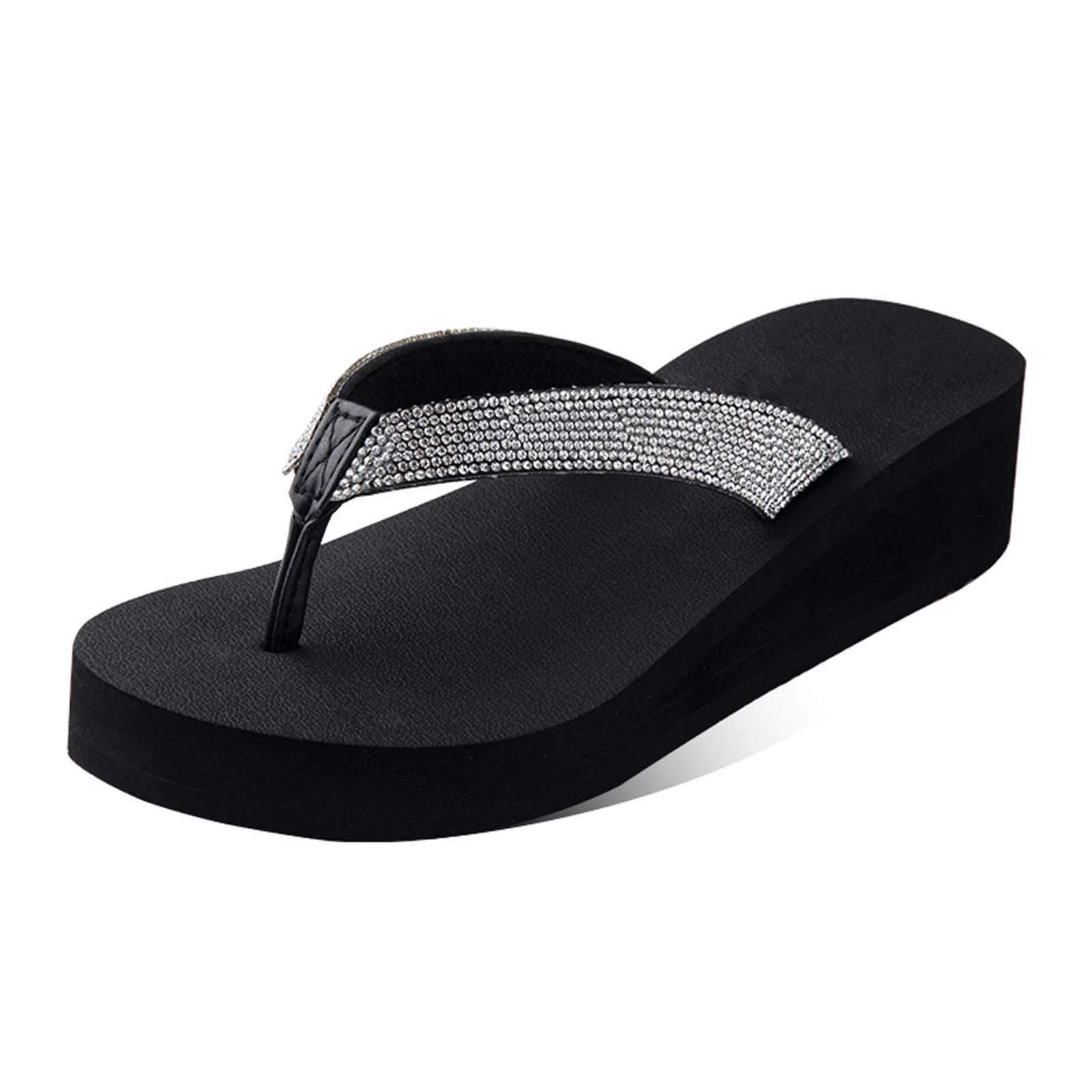 Flip-Flops für Damen, Flip-Flop, funkelnde Juwelen-Strass-Modische Zehentrenner-Sandalen, Plateau-Keilabsatz für elegante Damen, leichte Strand-Grillschuhe, Schwarz, 39 (Farbe: Beige, Größe: 40)