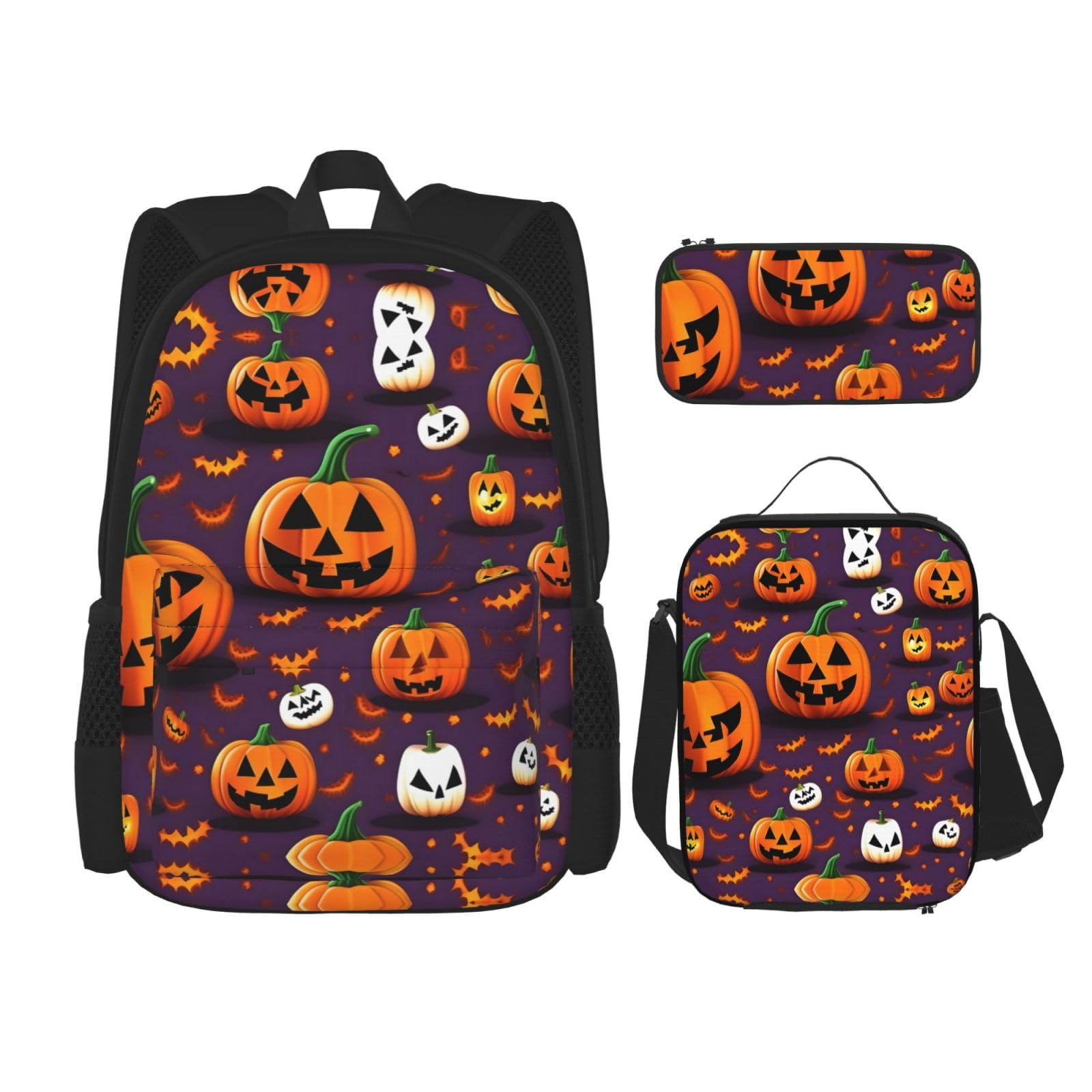 WURTON Happy-Halloween-Day Trick-or-Treat Druck Reise Lunchbox Federmäppchen Rucksack Set 3 Stück Verstellbare Träger Leicht