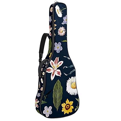 Gitarrentasche Schutz- und Transporttasche für akustische und klassische Gitarren wasserfest und gepolstert Sonnenblume Little White Daisy Blumenmuster Marineblau 108.9x42.9x11.9 cm