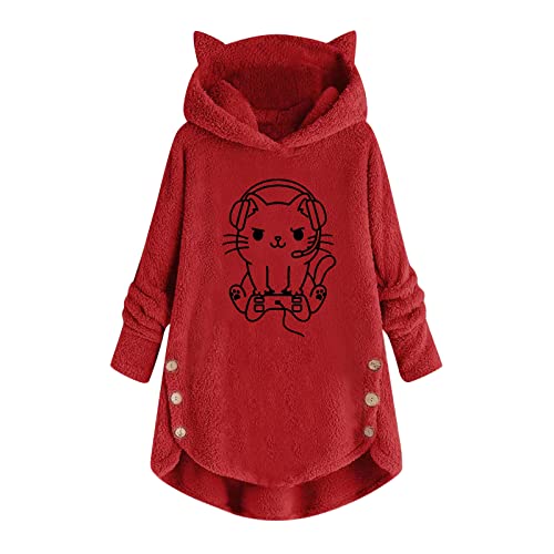 Wintermantel Damen Warm Plüsch Mantel Mädchen Plüschjacke Katze Aufdruck Fleece Hoodie Pullover mit Katzenohren Kapuze Winter Warmer Langarm Winterjacke Oversized Kapuzenpullover Winterpulli