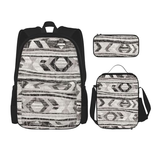 WURTON Grauer Tribal-Druck, trendige Rucksacktaschen, Lunchbox und Federmäppchen, 3-in-1, verstellbares Rucksack-Set, Schwarz , Einheitsgröße