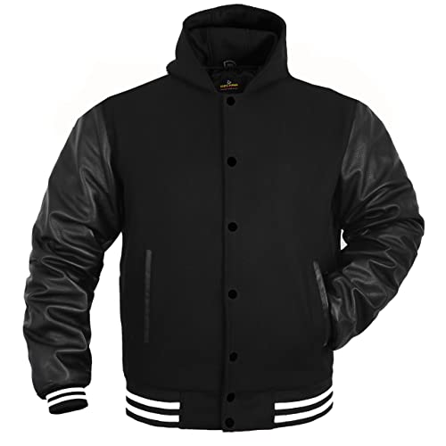 Herren Varsity Jacke Echtes Leder Ärmel und Wollmischung Letterman Jungen College Varsity Jacken XS-5XL, Schwarz+schwarz.h (weiße Linie), M