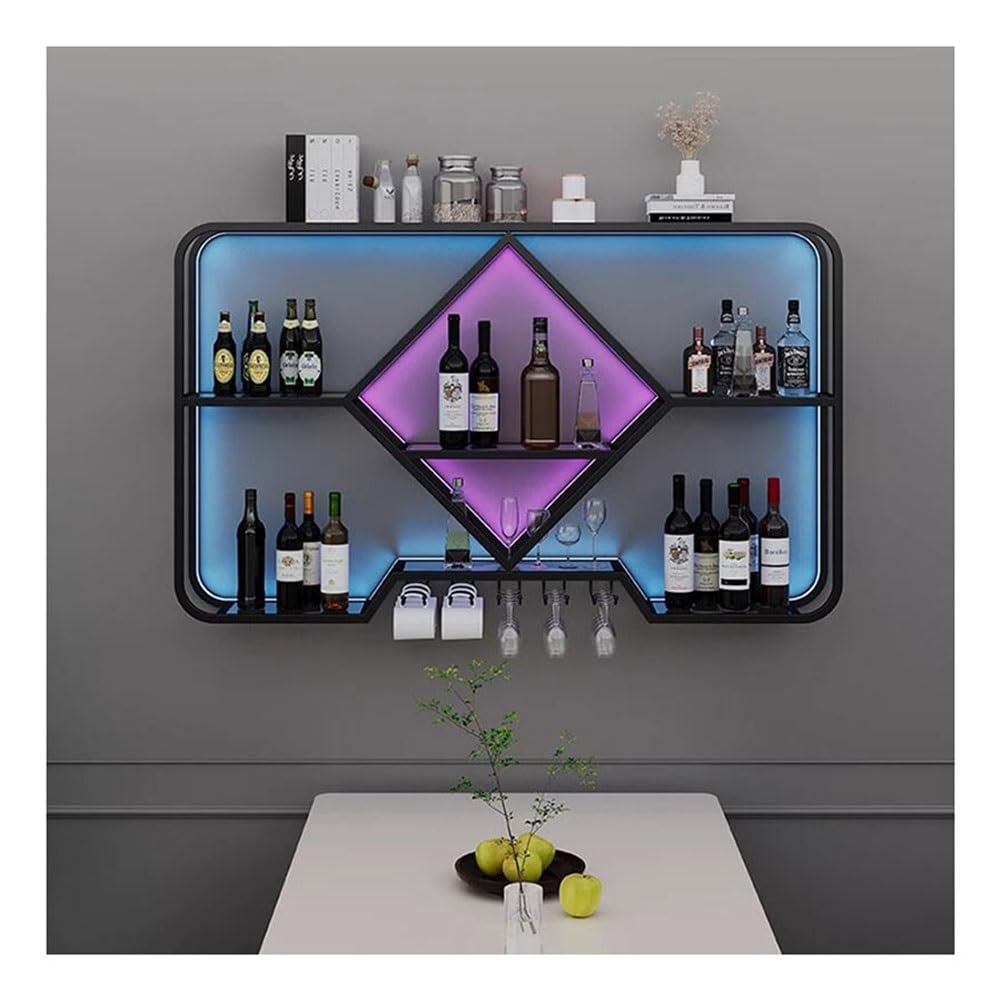 Hängende industrielle runde Weinregale, An der Wand montiertes Weinregal mit LED-Licht, for Küche, Wohnzimmer, Hausbar, Café(Black,140x20x70cm)