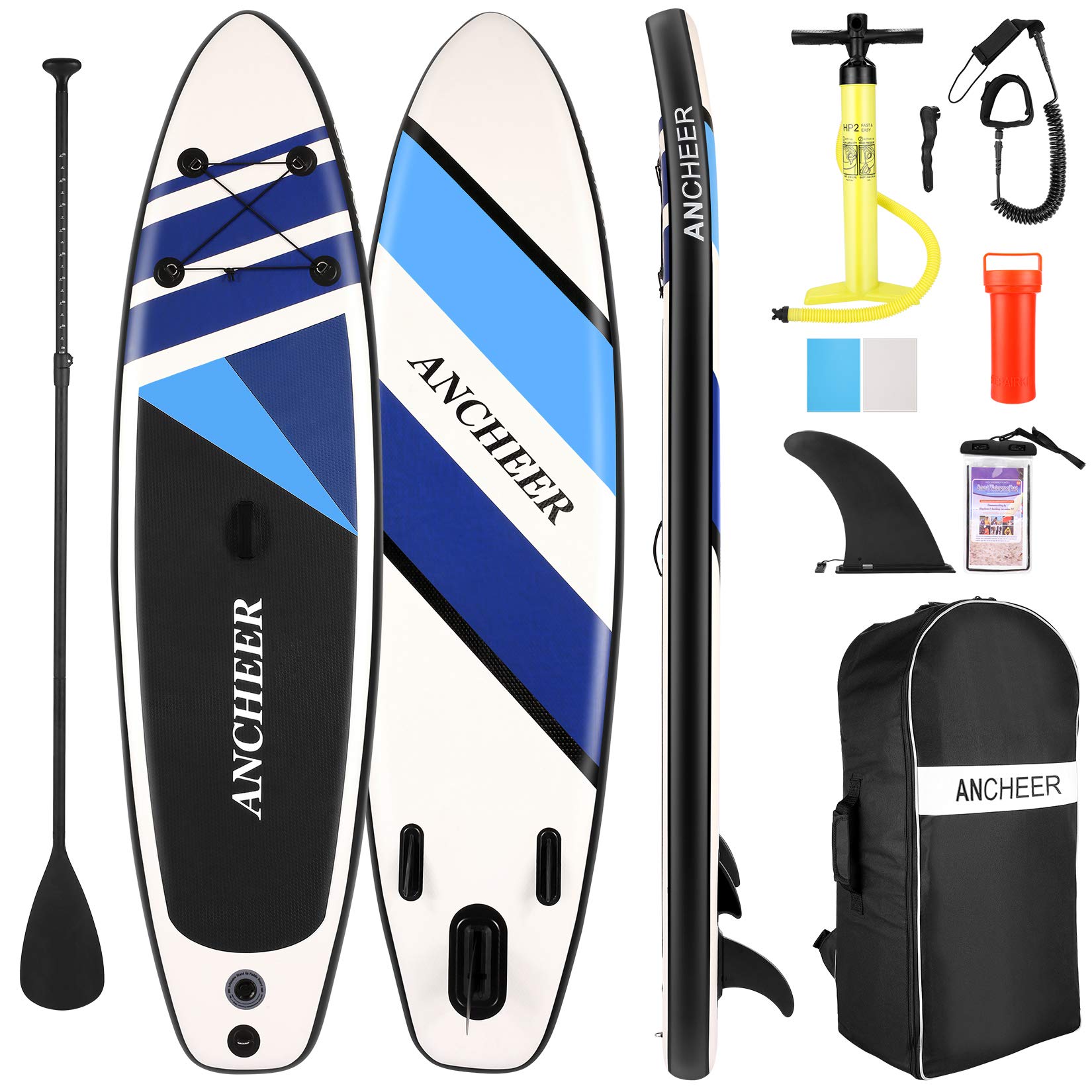 Ancheer Aufblasbares Stand Up Paddle Board mit Komplett SUP Zubehör, Rucksack, Leine, verstellbarem Paddel und Handpumpe, Bodenflosse, wasserdichter Tasche, Reparaturset, Meerblau, 305 x 76 x 15 cm