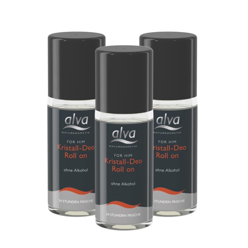 alva Naturkosmetik Kristall Deo Roll-on For Him 3x 50 ml - Natürliches Deodorant für Herren – 24 Stunden Schutz – Natürlich, vegan, alkoholfrei - Für Sportler und starkes Schwitzen