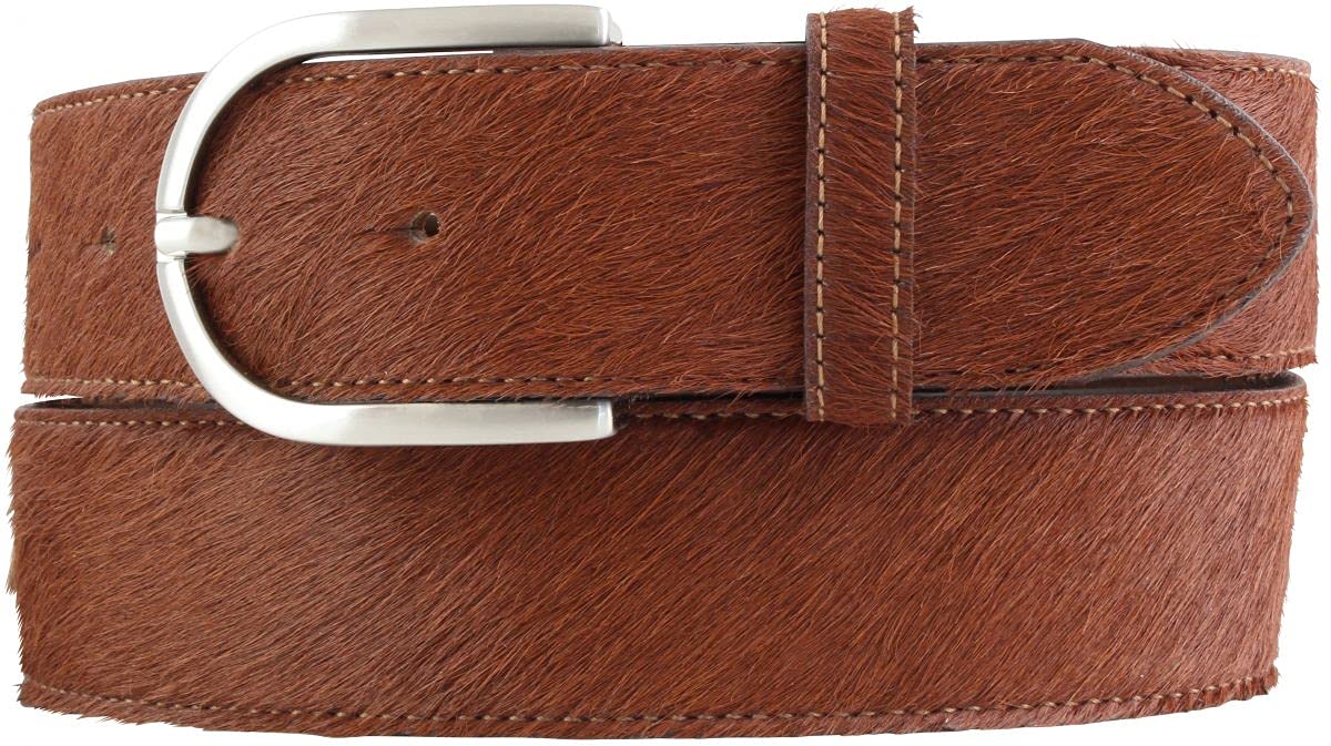 BELTINGER Damen-Gürtel mit echtem Fell 4 cm | Fell-Gürtel für Damen 40mm | Kuh-Ledergürtel mit runder Dornschließe | Braun 80cm