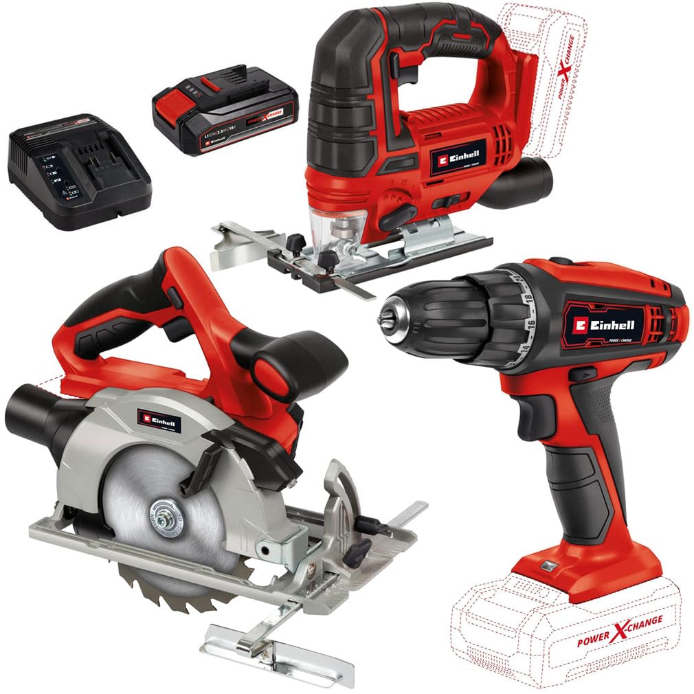 Einhell Power-X-Change Akku Maschinen-Set inkl. TC-HS 18 Li Akku-Handkreissäge + TC-ST 18 Li Akku-Stichsäge + TC-AS 18 Li Akku-Bohrschrauber + 18V Li-Ion Akku (2.5) + Schnellladegerät