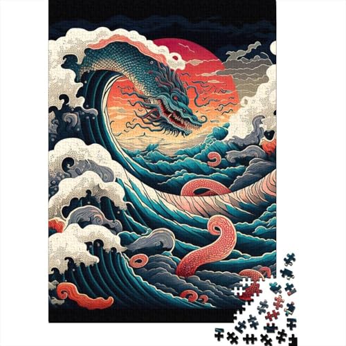 Drache vor Kanagawa, Holzpuzzle für Erwachsene, Puzzlespielzeug, Kunstpuzzle für Erwachsene, 500 Teile, Spielspielzeug für Erwachsene, Familienpuzzle, Geschenk (Größe 52x38cm)