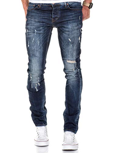 Amaci&Sons Herren Strech Destroyed Slim Fit Denim Jeans Hose 7500 Dunkelblau W33/L34