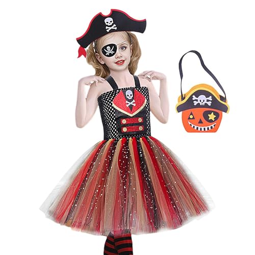 Weppduk Mädchen Piratenkleid,Piratenkostüm Kinder, Piratenprinzessin Kostüm, Kleid, Stirnband, Tasche, Augenmaske, Halloween-Anzieh-Cosplay-Rollenspielset für Mädchen 2–12