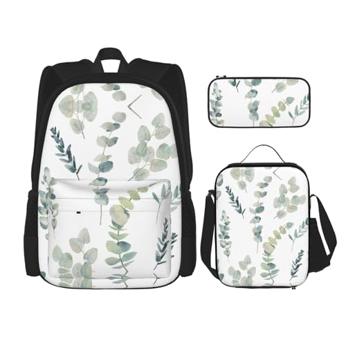 WURTON Weißer natürlicher grüner Zweigdruck, verstellbare Schultergurte, Rucksack-Set, Lunch-Tasche, Federmäppchen, Kombinationstaschen-Set