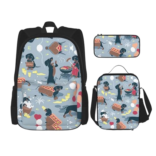 WURTON Hot Dogs and Lemonade1 Bedruckte verstellbare Schultergurte Rucksack-Set Lunchtasche Federmäppchen Kombination Taschen Set