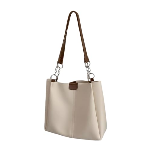 ohodhmnu Damen Tragetasche, Frauen Große Kapazität Schultertaschen Lady Casual Bag Weiche PU Leder Handtaschen Mädchen Einkaufstasche Studenten Pendler Tasche, Weiß und Braun, B